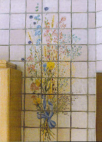 Fresque sur carrelage : Bouquet de fleurs stylisé suspendu.